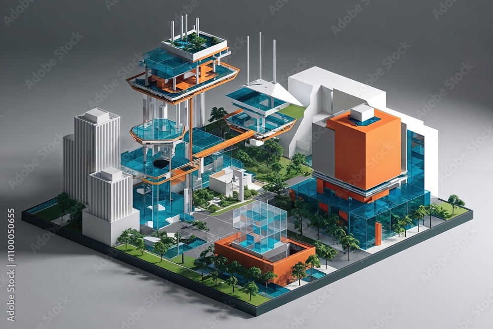 Poster vibrant 3d geometric environment design with modern architecture and dynamic elements