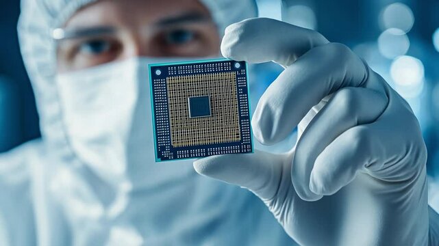 Scientist holding GPU Silicon microchip in hand semiconductor industry