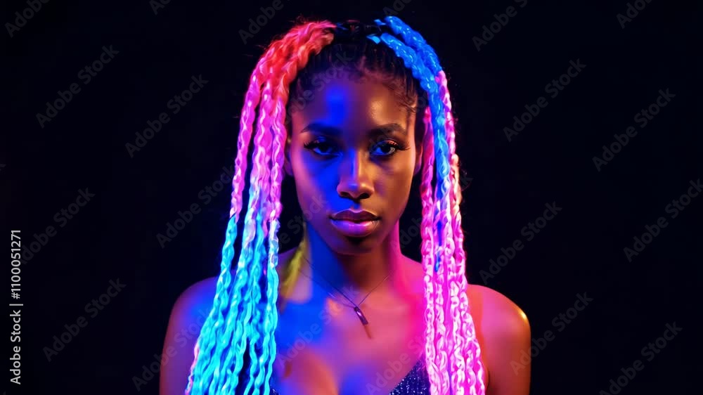 Poster a model with multicolored braids stands against a black background, illuminated by colorful neon lig