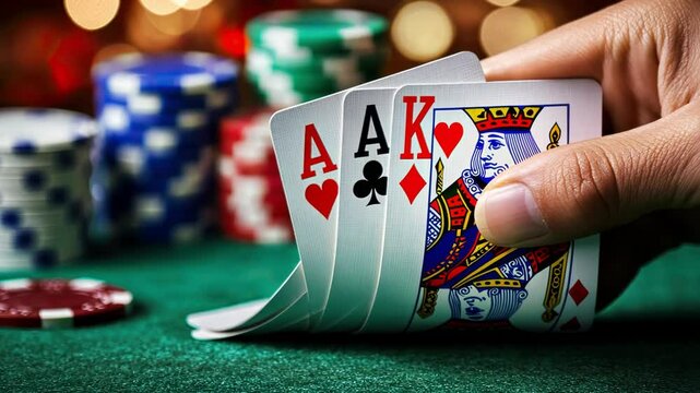 Hans holding poker cards chips table gambling casino betting 