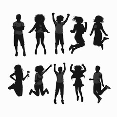 Obraz premium Silhouettes of young people jumping in fashionable clothes. Vector silhouettes man and women, illustration.