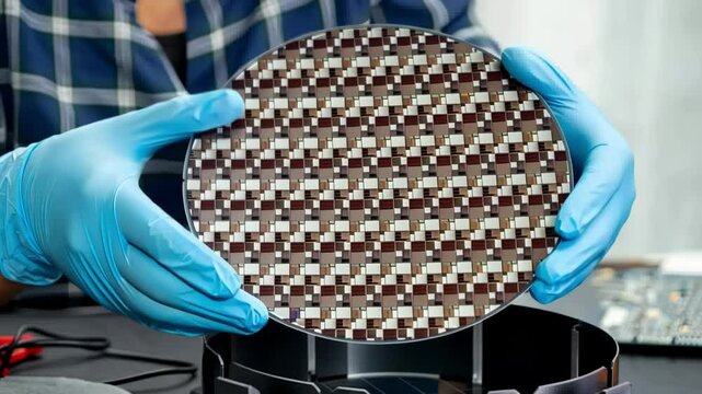 Factory worker holding silicon wafer in hand semiconductor industry