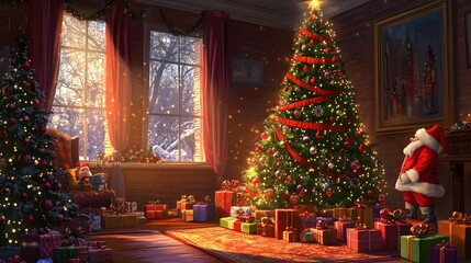 Fototapeta premium A warm and festive Christmas scene featuring a decorated tree, glowing fireplace, wrapped presents, and rustic holiday decor. .