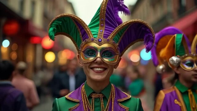 A person in a colorful Mardi Gras costume, complete with a jester hat and mask, smiles at the camera during a parade. Concept of a Mardi Gras celebration.