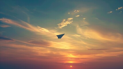 photograph of Miscellaneous banner with paper airplane silhouette, sunset sky, gradient colors, space for text wide angle lens