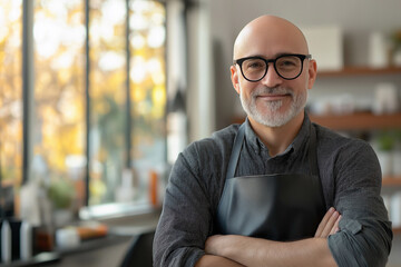 Naklejka premium Smiling cafe owner in an autumn-lit coffee shop engaging with customers. Generative AI