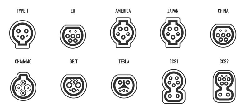 Types of electric vehicle plugs. standard charging connector