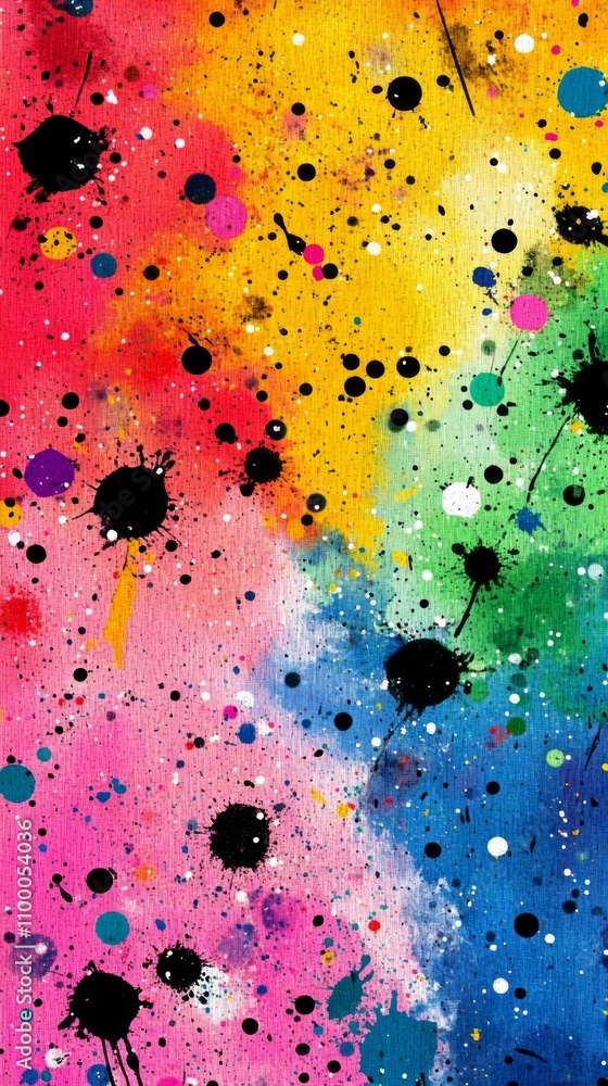 Poster bright and dynamic colors blend together on a textured canvas, showcasing splatters and drips that c
