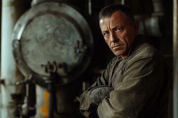 Fototapeta premium Man in work clothes poses thoughtfully near industrial equipment in a workshop. Generative AI