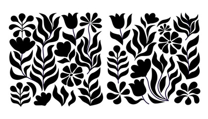 Groovy abstract flower square posters. Floral doodle patterns. Trendy vector set.