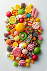 Fototapeta premium A pile of colorful candies and sweets on a white surface