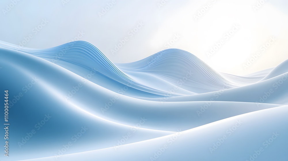 Poster an abstract design featuring smooth flowing waves in blue and white gradient, creating a modern and 