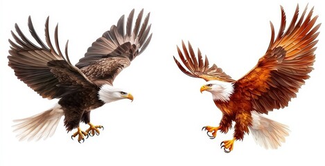 Fototapeta premium Two majestic eagles soar gracefully through the sky, showcasing their powerful wings and vibrant plumage.