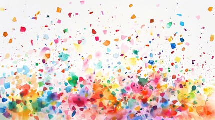 Colorful abstract watercolor splash, vibrant particles scattered across a white background.