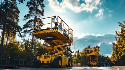 Two yellow scissor lift machines positioned on a road, surrounded by trees under a bright sky.