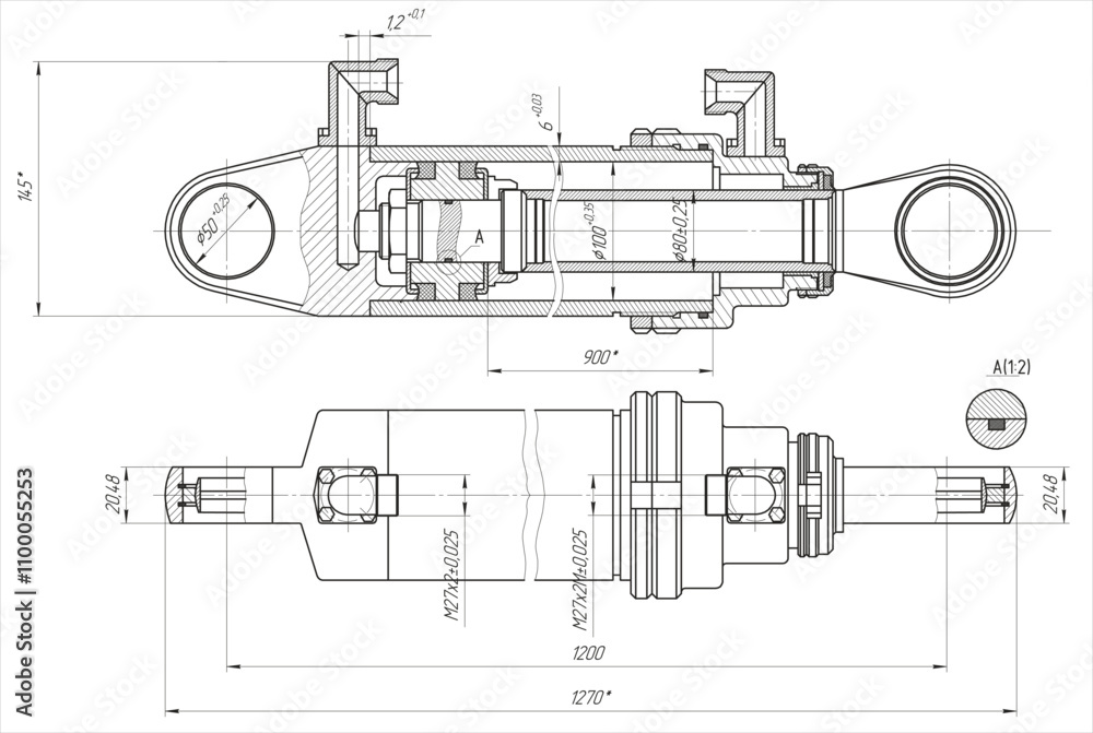 Poster vector mechanical part of machine - hydraulic cylinder. engineering assembly drawing of steel device