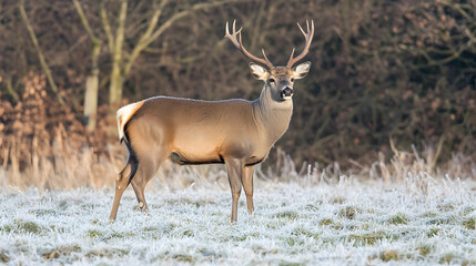 Naklejka premium A deer stands gracefully in a frost-covered field, illuminated by soft morning light, showcasing the beauty of winter wildlife..