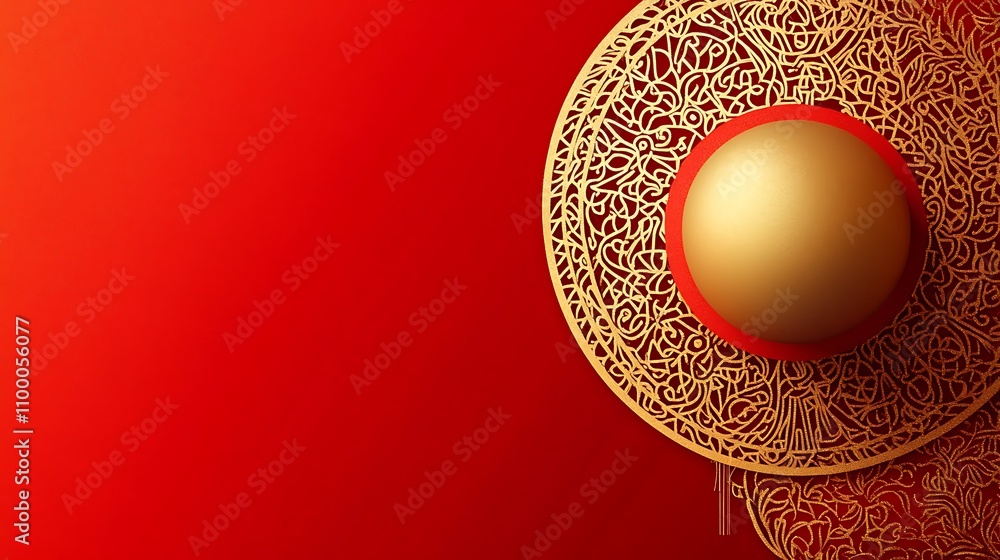 Poster a decorative design featuring intricate patterns on a red background with a golden sphere.
