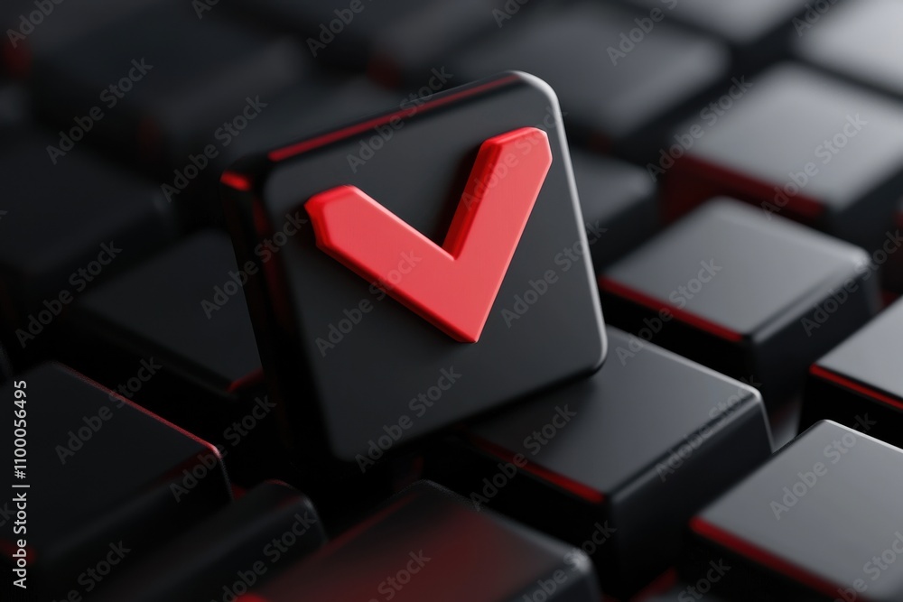 Poster a close-up of a black keyboard key featuring a prominent red checkmark symbol, representing confirma