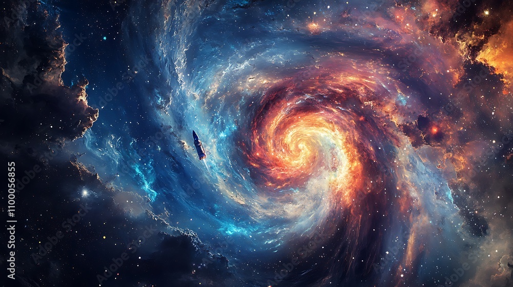 Poster spaceship navigating a cosmic spiral nebula