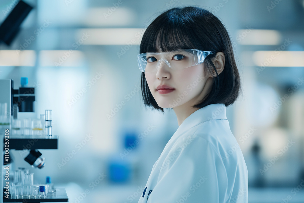 Poster scientist working in laboratory with glassware and equipment during daytime. generative ai