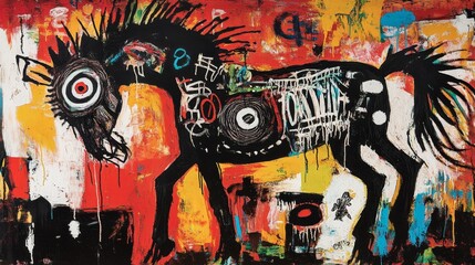 aggressive horse eye-catching unique graffiti oil painting artful illustration with grungy texture, expressive funky graffiti humorous