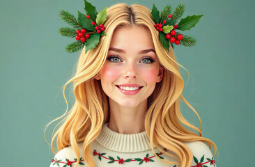 Naklejka premium A beautiful blonde-haired woman, in her hair she has an intricate nest of leaves and branches of fir, berries and leaves, and Christmas decorations. In her nest she has brightly colored garlands