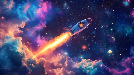 Fototapeta premium Rocket Ascending Through Colorful Cosmic Clouds