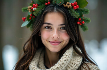 Naklejka premium A beautiful dark-haired woman, in her hair she has an intricate nest of leaves and branches of fir, berries and leaves, and Christmas decorations. In her nest she has brightly colored garlands.