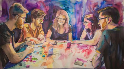 Obraz premium Group of friends enjoying a board game night, full of laughter and creativity, vibrant watercolor painting.