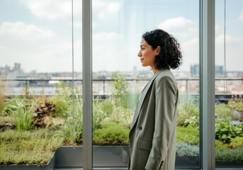 Fototapeta premium Young Hispanic businesswoman in office with green rooftop garden, symbolizing the balance of commercial productivity with environmental responsibility.