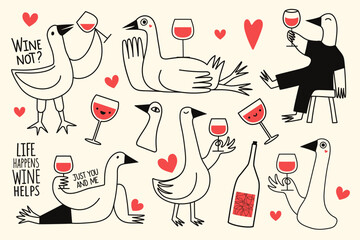 Funny romantic vector illustration set with gooses, wine glass and red hearts. Cute party print design invitation, love greeting card, home wall decoration poster