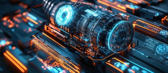 Obraz premium Futuristic engine with glowing blue and orange circuits.