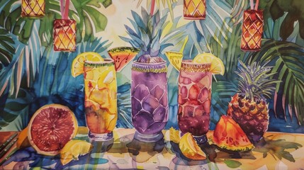 Fototapeta premium Colorful tropical cocktails with fruits, set against a vibrant background of tropical leaves and decorative lanterns.