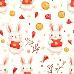 Chinese New Year Tile Seamless Patterns , Cute Rabbits Celebrating Chinese New Year with Red Envelopes