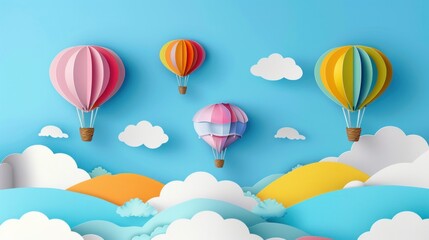 Fototapeta premium photograph of Paper art style of colorful hot air balloons and cloud on blue sky. Vector illustration wide angle lens