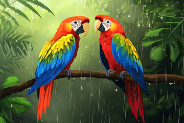 Obraz premium Two colorful parrots perched on a branch in a lush, rainy jungle setting.