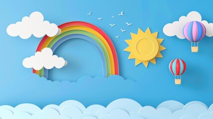 Obraz premium photograph of Paper cut style of sun, clouds and hot air balloons with rainbow on blue sky. Summer background. Vector illustration wide angle lens