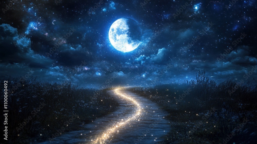 Poster magical moonlit path winding through a field at night, illuminated by glowing particles.
