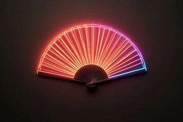 A vibrant neon fan art installation, illuminated in pink and blue hues, creates a striking visual focal point against a dark background.