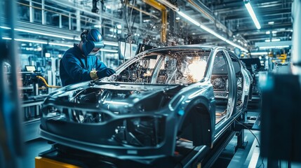 Naklejka premium A high-tech factory floor with two workers in protective gear, 