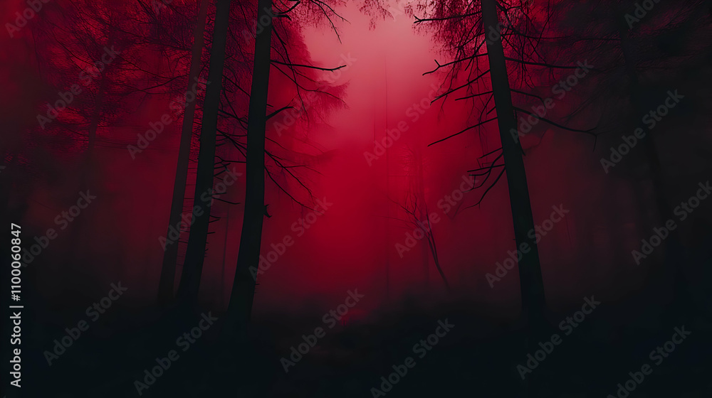 Poster eerie red fog shrouds a dark forest, creating a mysterious and ominous atmosphere. silhouetted trees