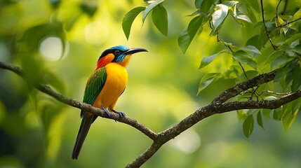 Naklejka premium Stunning Colorful Bird Perched on a Branch in Lush Forest