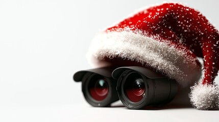 Binoculars with Santa hat, festive holiday theme