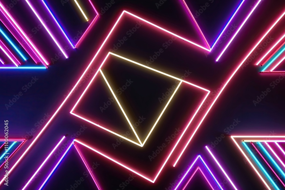 Poster vibrant 3d neon geometric background with colorful glowing triangular lines in dark