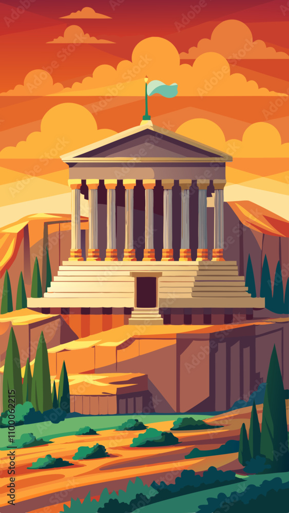 Poster a large building with columns and a flag on top