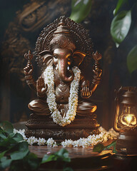 A bronze Ganesha idol on an intricately designed wooden pedestal, adorned with soft garlands of jasmine flowers and a glowing oil lamp beside it