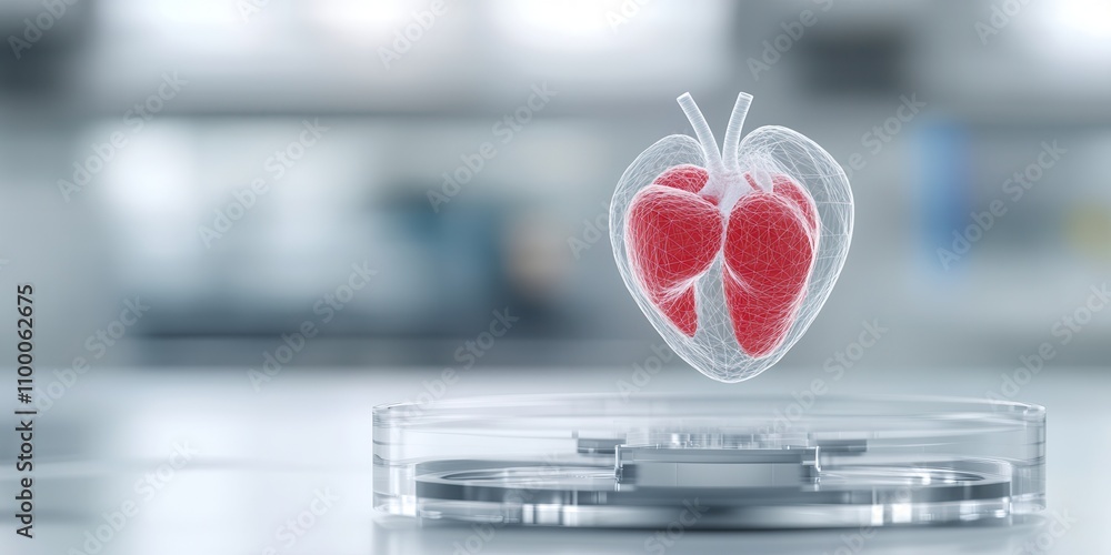 Poster a translucent model of a heart, showcasing intricate details, placed on a lab surface, symbolizing m