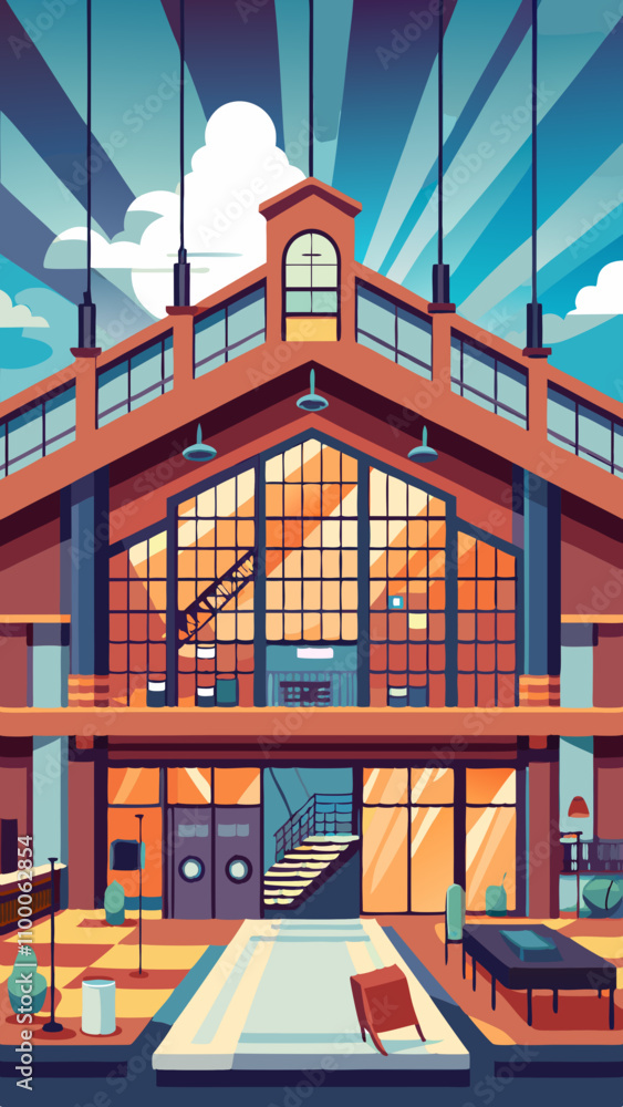 Poster a large building with a lot of windows and a balcony