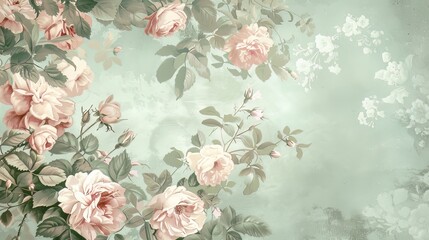 Climbing pink roses with sage green leaves on ethereal mint background